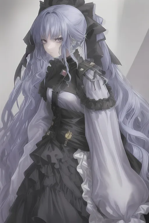 Prompt: a young girl, she should have long messy hair, with blue hair color. puffy hair. with piercing black eyes. she should have tired baggy eyes. fine-looking young woman. (she should be wearing a set of black high-ranking military-style clothing). the clothes should be blue with golden hinges. her clothes should look like that of royalty. she should be wearing white silk gloves. in her hand should be a long staf used by mages. magic, dramatic lighting, fantasy, intricate, elegant, highly detailed, lifelike, photorealistic, digital painting, bokeh, hdr, high resolution, artstation, concept art, smooth, sharp focus.

