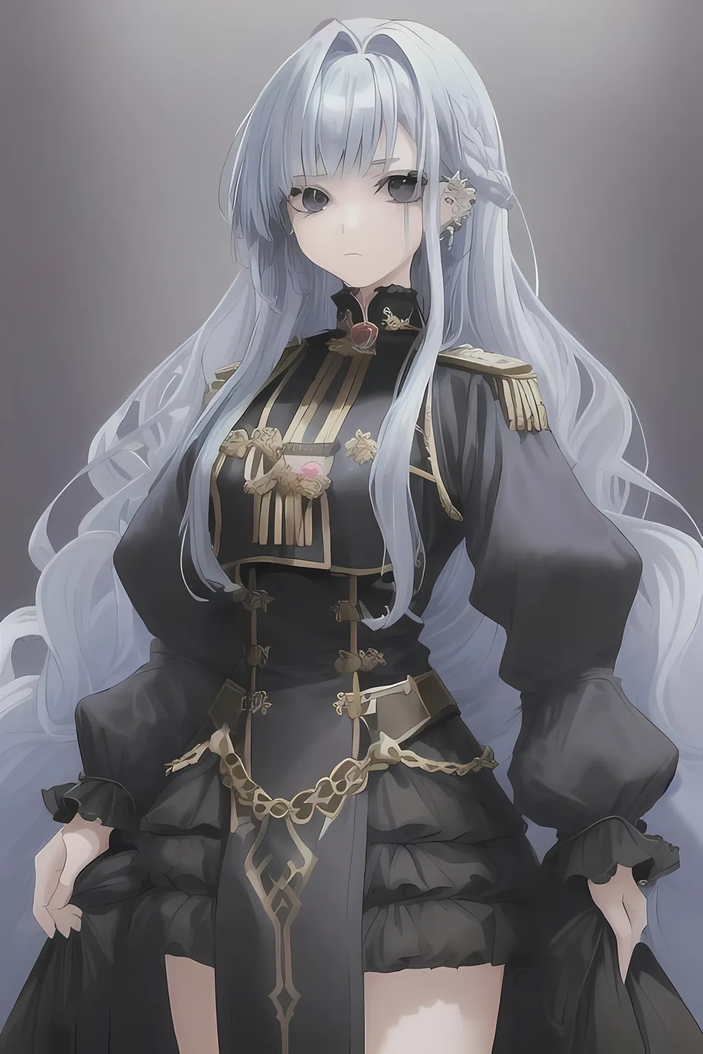 Prompt: a young girl, she should have long messy hair, with blue hair color. puffy hair. with piercing black eyes. she should have tired baggy eyes. fine-looking young woman. (she should be wearing a set of black high-ranking military-style clothing). the clothes should be blue with golden hinges. her clothes should look like that of royalty. she should be wearing white silk gloves. in her hand should be a long staf used by mages. magic, dramatic lighting, fantasy, intricate, elegant, highly detailed, lifelike, photorealistic, digital painting, bokeh, hdr, high resolution, artstation, concept art, smooth, sharp focus.