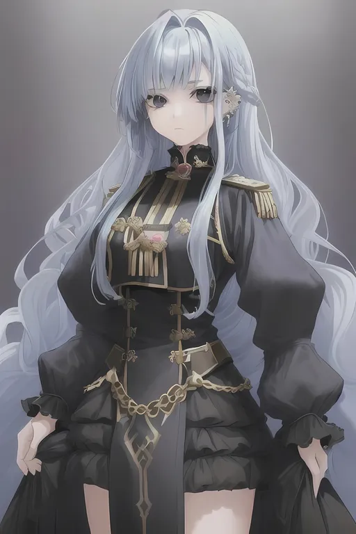 Prompt: a young girl, she should have long messy hair, with blue hair color. puffy hair. with piercing black eyes. she should have tired baggy eyes. fine-looking young woman. (she should be wearing a set of black high-ranking military-style clothing). the clothes should be blue with golden hinges. her clothes should look like that of royalty. she should be wearing white silk gloves. in her hand should be a long staf used by mages. magic, dramatic lighting, fantasy, intricate, elegant, highly detailed, lifelike, photorealistic, digital painting, bokeh, hdr, high resolution, artstation, concept art, smooth, sharp focus.