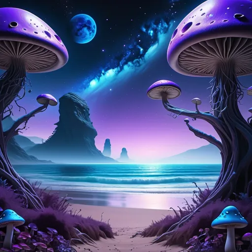 Prompt: An alien land scape barely conceivable by the human eye. A beach with calmly lapping waves, looks out on a vast ocean and universe. At night with a focus on blues and purples. With Alien trees over hanging the prospective, with obscuring too much of the view. A smattering of mushrooms as well.