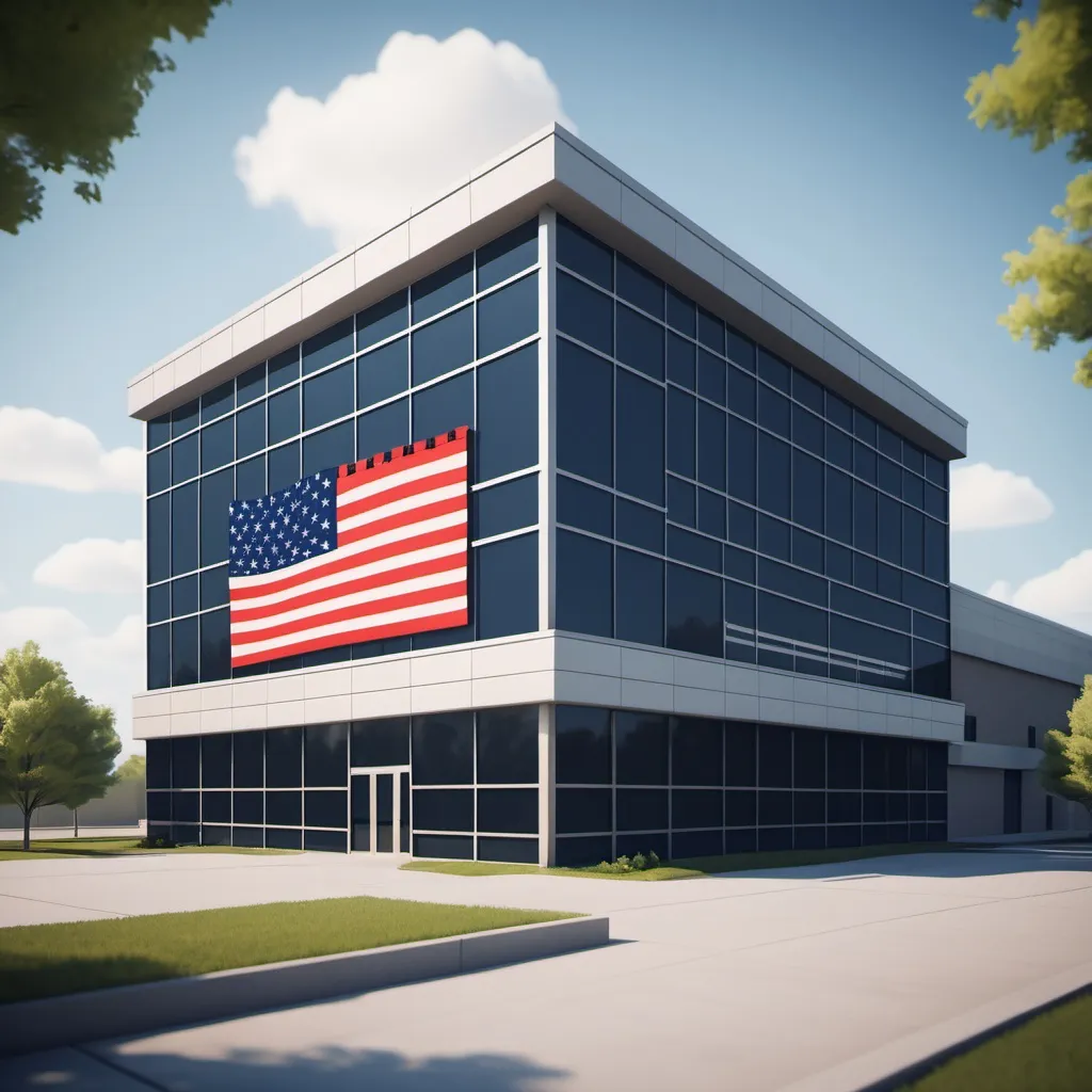 Prompt: Create an image with a modern tech center building with a flag of USA above it. This should be used in a game with a map of different tech centers.