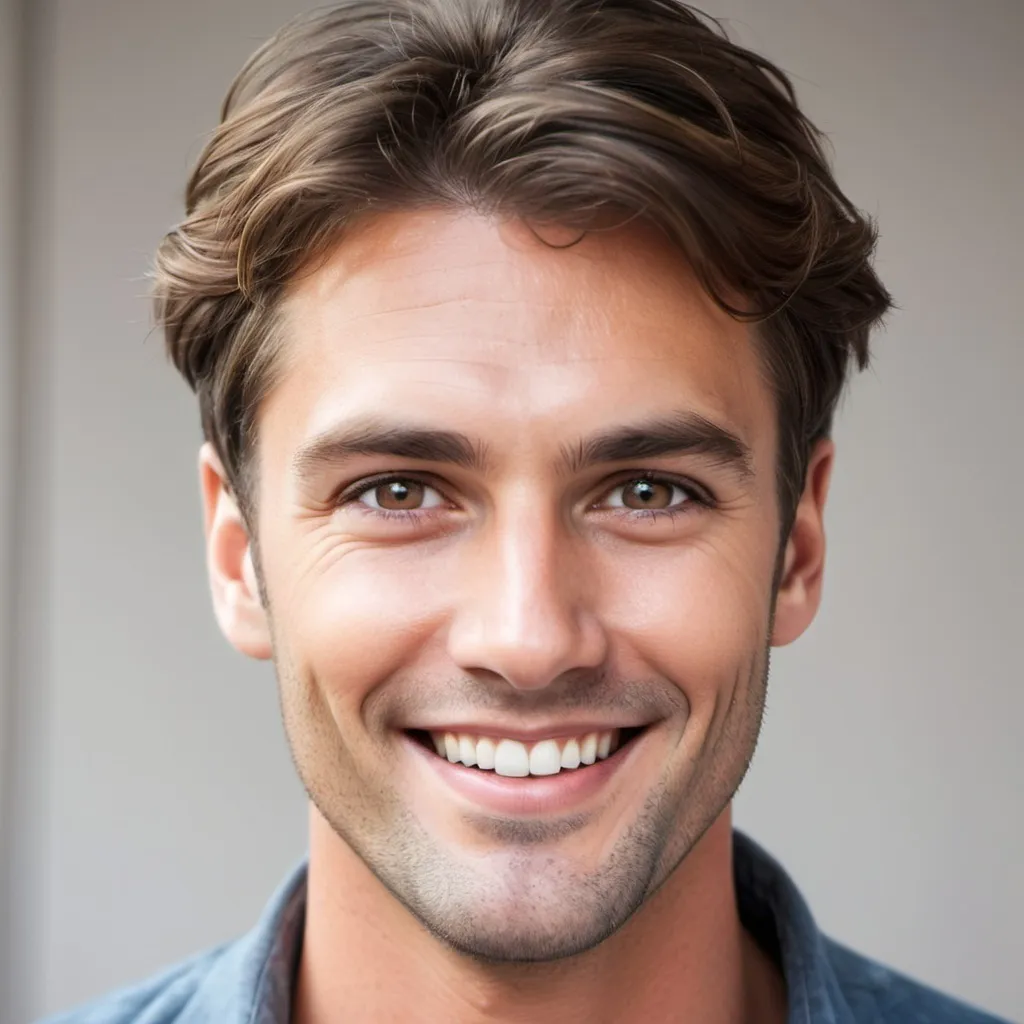 Prompt: handsome man, brown hair, nartow eye, smiling