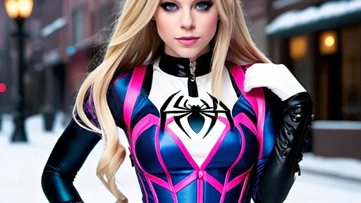 Prompt: Avril Lavigne, blonde pigtailed hair with purple highlights color hair, clearly iced blue eyes detailed, big breasted, super skinny, thin, thick, in Spiderman pink And White color costume with corset, tattoed arms, pierced left eyebrow, action superhero pose, passion look, Winter, night, dark, shadows, wholebody, fullbody view, view from bottom, UHd, 8k, HD kamera, professional photo, Sharp Focus, realistic photo