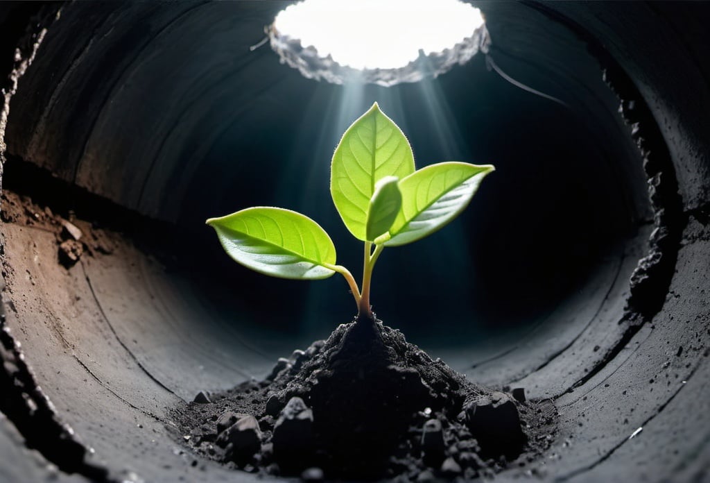 Prompt: Create a photo of a little plant growing inside a carbon mine, the photo shows hope



