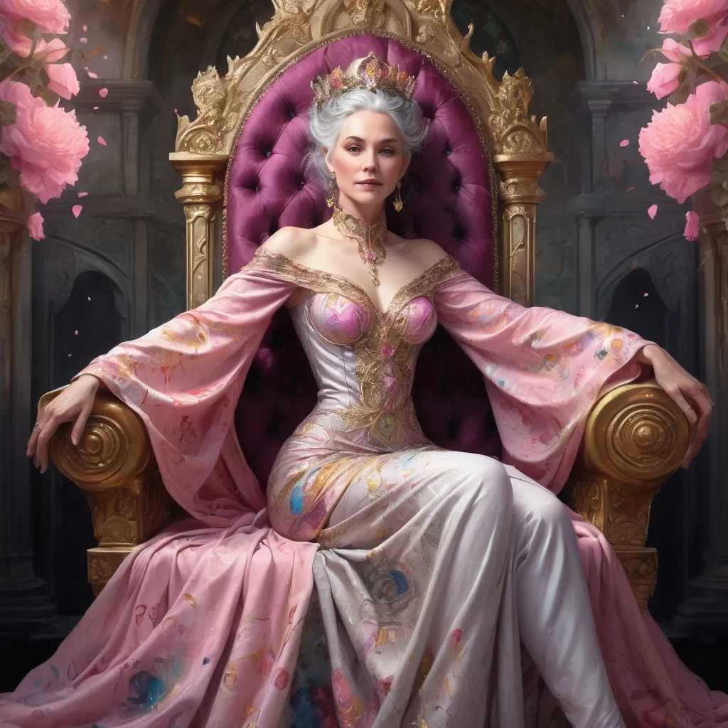 Prompt: a white skin woman, grey hair, detailed ornate pink cloth robe, dramatic lighting, digital watercolor painting, paint splatter, bold brush strokes, art nouveau, majestic queen sitting on her gold throne in an elegant (colorfull flower dress), ornate very big throne with pink diamonds and flowers adorned with delicate mycstical (colorfull) and glimmering (diamonds), mythical  looming behind, captivating atmosphere, dramatic lighting, ethereal ambiance, richly detailed backgrounds, (HD, ultra-detailed) fairy-tale setting, tension filled with reverence and power.