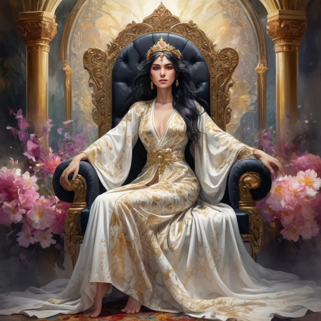 Prompt: an turkish woman, black hair, detailed ornate white and gold cloth robe, dramatic lighting, digital watercolor painting, paint splatter, bold brush strokes, art nouveau, majestic queen sitting on her throne made from flowers in an elegant (colorfull flower dress), ornate very big throne with  diamonds and flowers adorned with delicate mycstical (colorfull) and glimmering (diamonds), mythical  looming behind, captivating atmosphere, dramatic lighting, ethereal ambiance, richly detailed backgrounds, (HD, ultra-detailed) fairy-tale setting, tension filled with reverence and power.