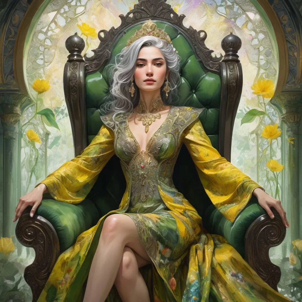 Prompt: an turkish woman, grey hair, detailed ornate yellow and green cloth robe, dramatic lighting, digital watercolor painting, paint splatter, bold brush strokes, art nouveau, majestic queen sitting on her throne made from flowers in an elegant (colorfull flower dress), ornate very big throne with  diamonds and flowers adorned with delicate mycstical (colorfull) and glimmering (diamonds), mythical  looming behind, captivating atmosphere, dramatic lighting, ethereal ambiance, richly detailed backgrounds, (HD, ultra-detailed) fairy-tale setting, tension filled with reverence and power.