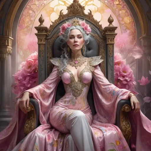 Prompt: a white skin woman, grey hair, detailed ornate pink cloth robe, dramatic lighting, digital watercolor painting, paint splatter, bold brush strokes, art nouveau, majestic queen sitting on her gold throne in an elegant (colorfull flower dress), ornate very big throne with pink diamonds and flowers adorned with delicate mycstical (colorfull) and glimmering (diamonds), mythical  looming behind, captivating atmosphere, dramatic lighting, ethereal ambiance, richly detailed backgrounds, (HD, ultra-detailed) fairy-tale setting, tension filled with reverence and power.