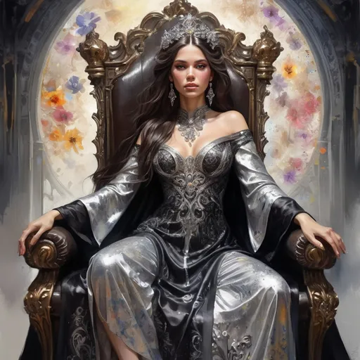 Prompt: an etnic woman, dark brown hair, detailed ornate black and silver cloth robe, dramatic lighting, digital watercolor painting, paint splatter, bold brush strokes, art nouveau, majestic queen sitting on her throne (made of silver) in an elegant (colorfull flower dress), ornate very big silver throne with  diamonds and flowers adorned with delicate mycstical (colorfull) and glimmering (diamonds), mythical  looming behind, captivating atmosphere, dramatic lighting, ethereal ambiance, richly detailed backgrounds, (HD, ultra-detailed) fairy-tale setting, tension filled with reverence and power.