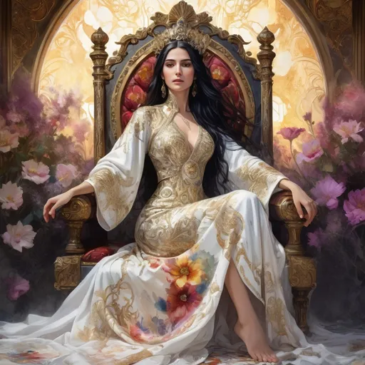 Prompt: an turkish woman, black hair, detailed ornate white and gold cloth robe, dramatic lighting, digital watercolor painting, paint splatter, bold brush strokes, art nouveau, majestic queen sitting on her throne made from flowers in an elegant (colorfull flower dress), ornate very big throne with  diamonds and flowers adorned with delicate mycstical (colorfull) and glimmering (diamonds), mythical  looming behind, captivating atmosphere, dramatic lighting, ethereal ambiance, richly detailed backgrounds, (HD, ultra-detailed) fairy-tale setting, tension filled with reverence and power.