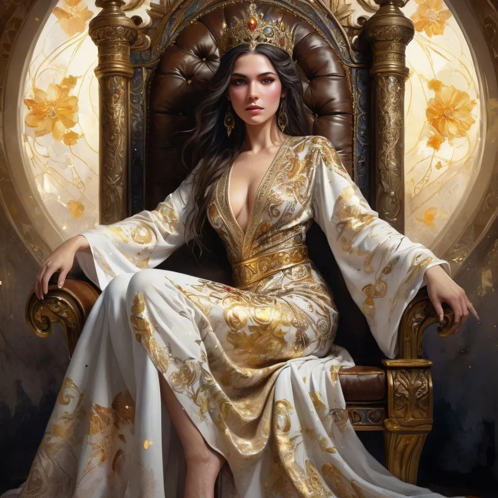 Prompt: an turkish woman, dark brown hair, detailed ornate white and gold cloth robe, dramatic lighting, digital watercolor painting, paint splatter, bold brush strokes, art nouveau, majestic queen sitting on her throne (made of gold) in an elegant (colorfull flower dress), ornate very big throne with  diamonds and flowers adorned with delicate mycstical (colorfull) and glimmering (diamonds), mythical  looming behind, captivating atmosphere, dramatic lighting, ethereal ambiance, richly detailed backgrounds, (HD, ultra-detailed) fairy-tale setting, tension filled with reverence and power.