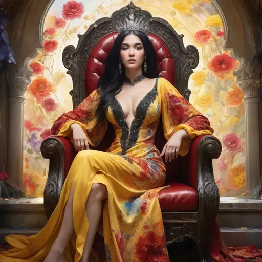 Prompt: an turkish woman, black hair, detailed ornate yellow and red cloth robe, dramatic lighting, digital watercolor painting, paint splatter, bold brush strokes, art nouveau, majestic queen sitting on her throne made from flowers in an elegant (colorfull flower dress), ornate very big throne with  diamonds and flowers adorned with delicate mycstical (colorfull) and glimmering (diamonds), mythical  looming behind, captivating atmosphere, dramatic lighting, ethereal ambiance, richly detailed backgrounds, (HD, ultra-detailed) fairy-tale setting, tension filled with reverence and power.