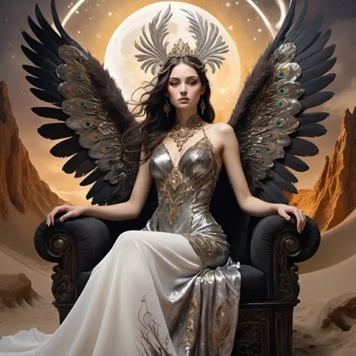 Prompt: A fairy-tale setting <mymodel> in Salvador Dali Style, fantasy, a beautiful, fire, sensational, dark angel, brown, tan, off white, cream, white, and gold, peacock feathers, with Eagle heads, on the tips of her wings, and horns, branches, delight, delicious, with black wings of fiery flames, wearing a golden, multi-layered, chiffon dress, with black fur blowing in the breeze, in the moon-like planets, in the clouds, Apocalyptic scene, there is destruction everywhere, in a desert like place, with white sand dunes, rippling on the ground, mind blowing, with mahogany, gold, copper, bronze, black storm clouds in the background. an etnic woman, dark brown hair, detailed ornate black and silver cloth robe, dramatic lighting, digital watercolor painting, paint splatter, bold brush strokes, art nouveau, majestic queen sitting on her throne (made of silver) in an elegant (colorfull flower dress), ornate very big silver throne with  diamonds and flowers adorned with delicate mycstical (colorfull) and glimmering (diamonds), mythical  looming behind, captivating atmosphere, dramatic lighting, ethereal ambiance, richly detailed backgrounds, (HD, ultra-detailed) fairy-tale setting, tension filled with reverence and power.