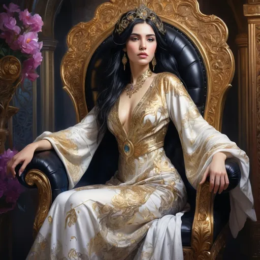 Prompt: an turkish woman, black hair, detailed ornate white and gold and black cloth robe, dramatic lighting, digital watercolor painting, paint splatter, bold brush strokes, art nouveau, majestic queen sitting on her throne in an elegant (colorfull flower dress), ornate very big throne with  diamonds and flowers adorned with delicate mycstical (colorfull) and glimmering (diamonds), mythical  looming behind, captivating atmosphere, dramatic lighting, ethereal ambiance, richly detailed backgrounds, (HD, ultra-detailed) fairy-tale setting, tension filled with reverence and power.