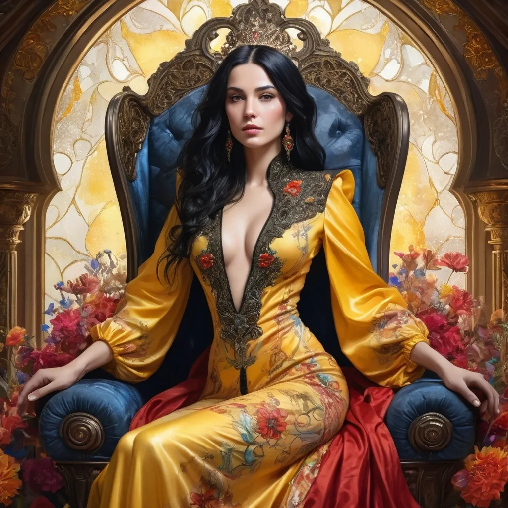 Prompt: an turkish woman, black hair, detailed ornate yellow and red cloth robe, dramatic lighting, digital watercolor painting, paint splatter, bold brush strokes, art nouveau, majestic queen sitting on her throne made from flowers in an elegant (colorfull flower dress), ornate very big throne with  diamonds and flowers adorned with delicate mycstical (colorfull) and glimmering (diamonds), mythical  looming behind, captivating atmosphere, dramatic lighting, ethereal ambiance, richly detailed backgrounds, (HD, ultra-detailed) fairy-tale setting, tension filled with reverence and power.