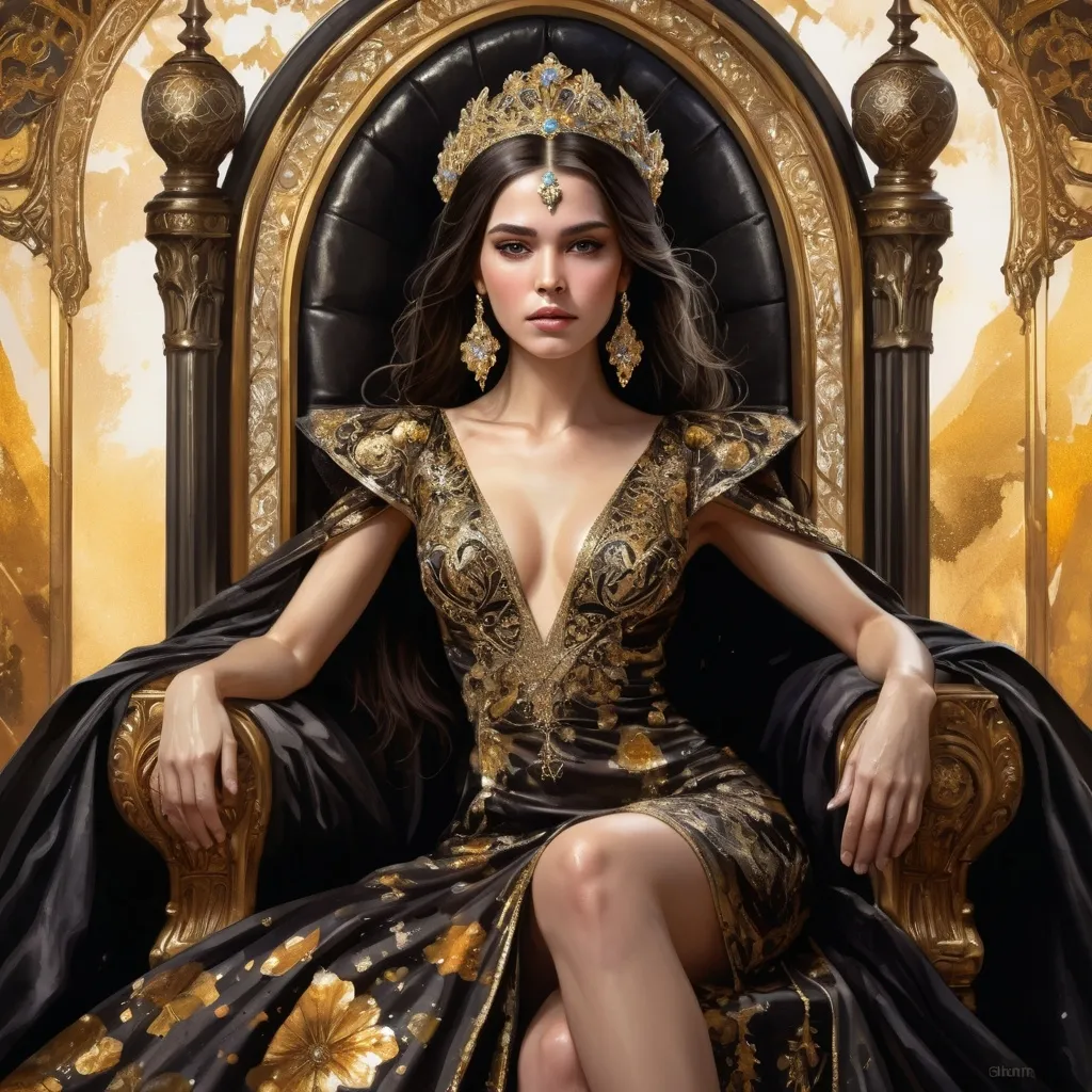 Prompt: an turkish woman, dark brown hair, detailed ornate black and gold cloth robe, dramatic lighting, digital watercolor painting, paint splatter, bold brush strokes, art nouveau, majestic queen sitting on her throne (made of gold) in an elegant (colorfull flower dress), ornate very big throne with  diamonds and flowers adorned with delicate mycstical (colorfull) and glimmering (diamonds), mythical  looming behind, captivating atmosphere, dramatic lighting, ethereal ambiance, richly detailed backgrounds, (HD, ultra-detailed) fairy-tale setting, tension filled with reverence and power.