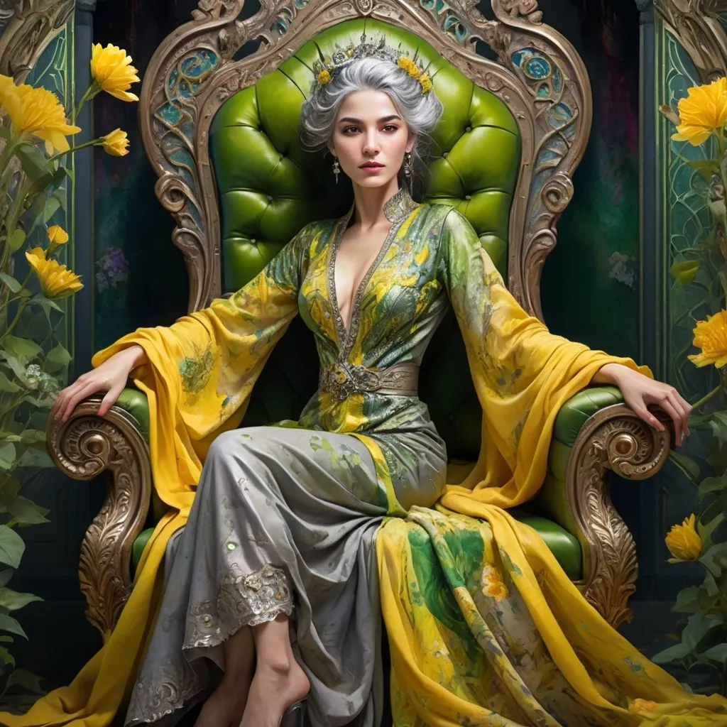 Prompt: an turkish woman, grey hair, detailed ornate yellow and green cloth robe, dramatic lighting, digital watercolor painting, paint splatter, bold brush strokes, art nouveau, majestic queen sitting on her throne made from flowers in an elegant (colorfull flower dress), ornate very big throne with  diamonds and flowers adorned with delicate mycstical (colorfull) and glimmering (diamonds), mythical  looming behind, captivating atmosphere, dramatic lighting, ethereal ambiance, richly detailed backgrounds, (HD, ultra-detailed) fairy-tale setting, tension filled with reverence and power.