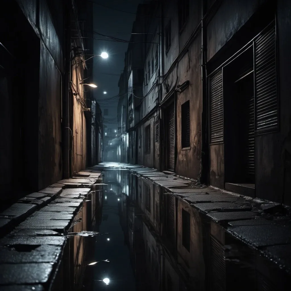 Prompt: dark alley of night city where  shadows blend with  voids of horror and reflections of the pain of the inevitability and emptiness