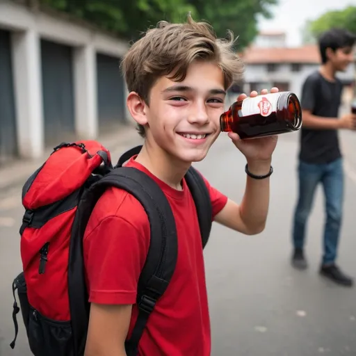 Prompt: a boy have 15 years old, with beatifual hairs style, with a red back pack on his back, and glass on the front of his eyes, seeing camera and the full of his face are showing, he smiling and have black cup on his head, and he drinking his drink on red base