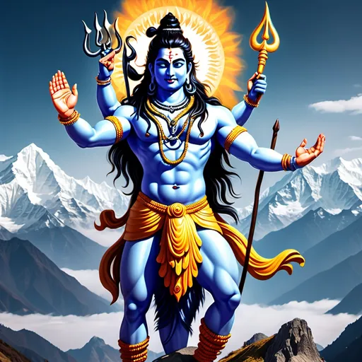 Prompt: Create a lord shiva with 4 hands in each side hole different weapons in anger mood and dancing in the background of Himalayas with long hair and holding trishula,damaru ga etc in hd quality