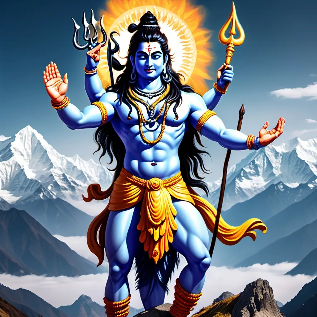 Prompt: Create a lord shiva with 4 hands in each side hole different weapons in anger mood and dancing in the background of Himalayas with long hair and holding trishula,damaru ga etc in hd quality