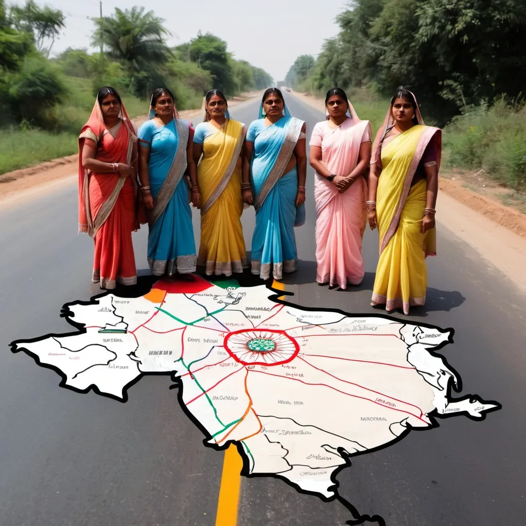 Prompt: Women made an Indian map on the road and some women were standing in front of it saying Indian