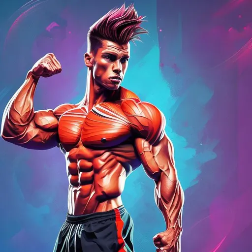 Prompt: Fitness-focused digital illustration of a dynamic athlete, vibrant and energetic, sleek and modern design, high quality, detailed muscles and defined physique,  powerful and expression, 4k, detailed, digital illustration, fitness, vibrant colors, dynamic pose, modern, professional lighting