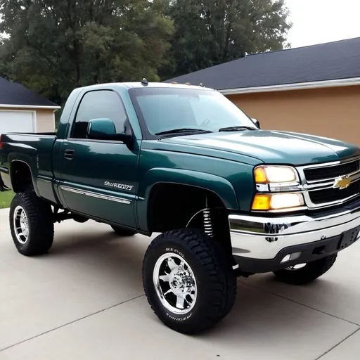 Prompt: 2002 silverado single cab short bed 5.3 or 4.8 with 4wd, 9in Chrome FTS in the front, none in the back, true dual exhaust sitting on 14” tuff wides  with chrome window trim and handles along with a chrome grille and front bumper peice, colormatched LED tailights with clears in the front, a stuntwall with 4 8” mids with wheel lights  and rocklights, cranked keys, tint, 