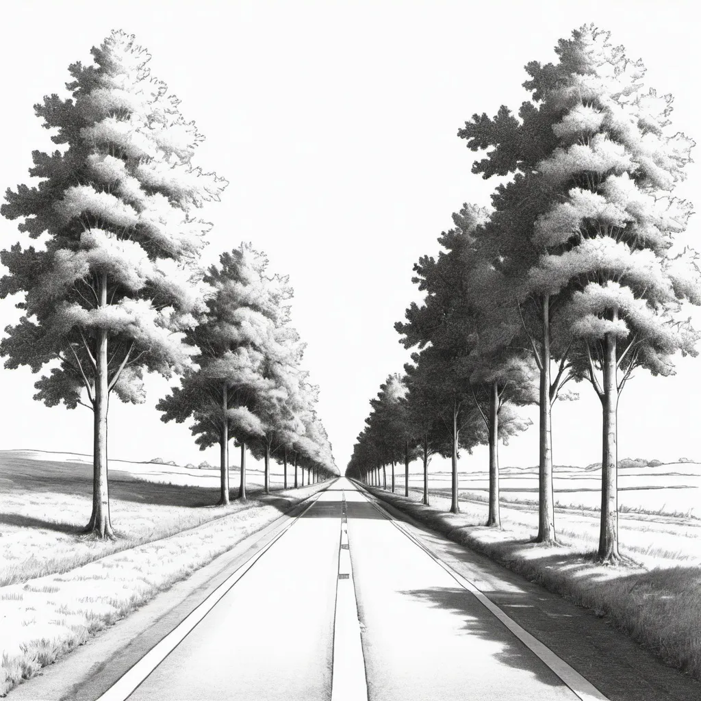 Prompt: outline drawing of a road going into the distance with trees on either side of the road