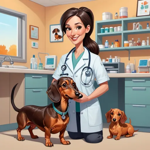 Prompt: Cartoon illustration of a dark-haired woman veterinarian with a long ponytail, caring for a light brown dachshund, warm and inviting clinic setting, vibrant and playful cartoon style, colorful and cheerful palette, detailed fur and expressive animal eyes, veterinary equipment in the background, high quality, detailed cartoon, warm tones, caring environment, professional and playful