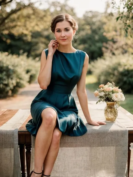 Prompt: A lady sitting on a table, oil painting, elegant dress, vintage, detailed facial expression, soft lighting, warm tones, traditional art style, high quality, vintage ambiance, detailed clothing, graceful posture, classic, sophisticated, refined, vintage dress, soft shadows, peaceful atmosphere