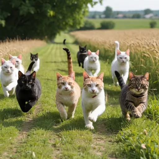 Prompt: A dozen cats running through a field.