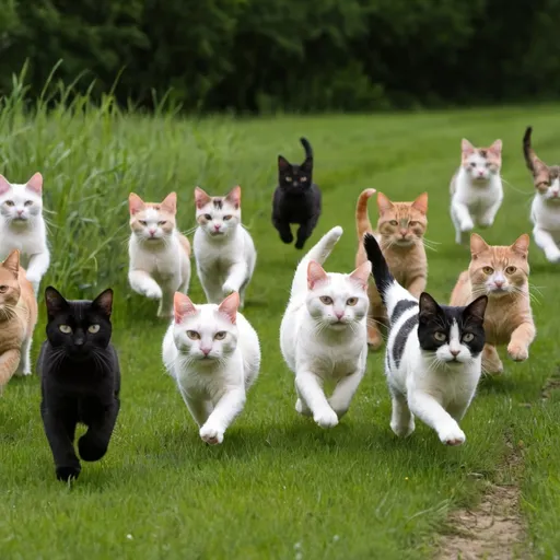 Prompt: A dozen cats running through a field.