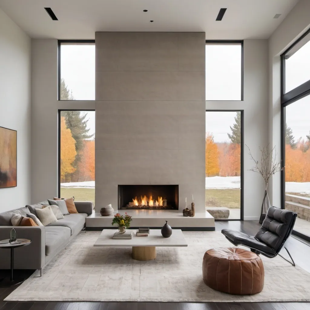 Prompt: modern living room with floor to ceiling fireplace with book mach  slab 
