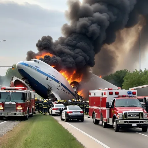 Prompt: Train falling to its side, derailing into a highway, making a major car crash, with the fire department, and police rushing to the crash scene with a boeing 747 plane crash landing on the highway, making a bigger crash scene, and more cops and fire men and ambulances rush to the crash scene
