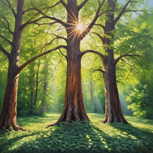 Prompt: vibrant oil painting of majestic trees, lush green foliage, dappled sunlight filtering through leaves, realistic bark texture, high quality, detailed, vibrant, oil painting, nature, serene, dappled sunlight, lush foliage, realistic texture, peaceful, artistic, vibrant colors, natural lighting