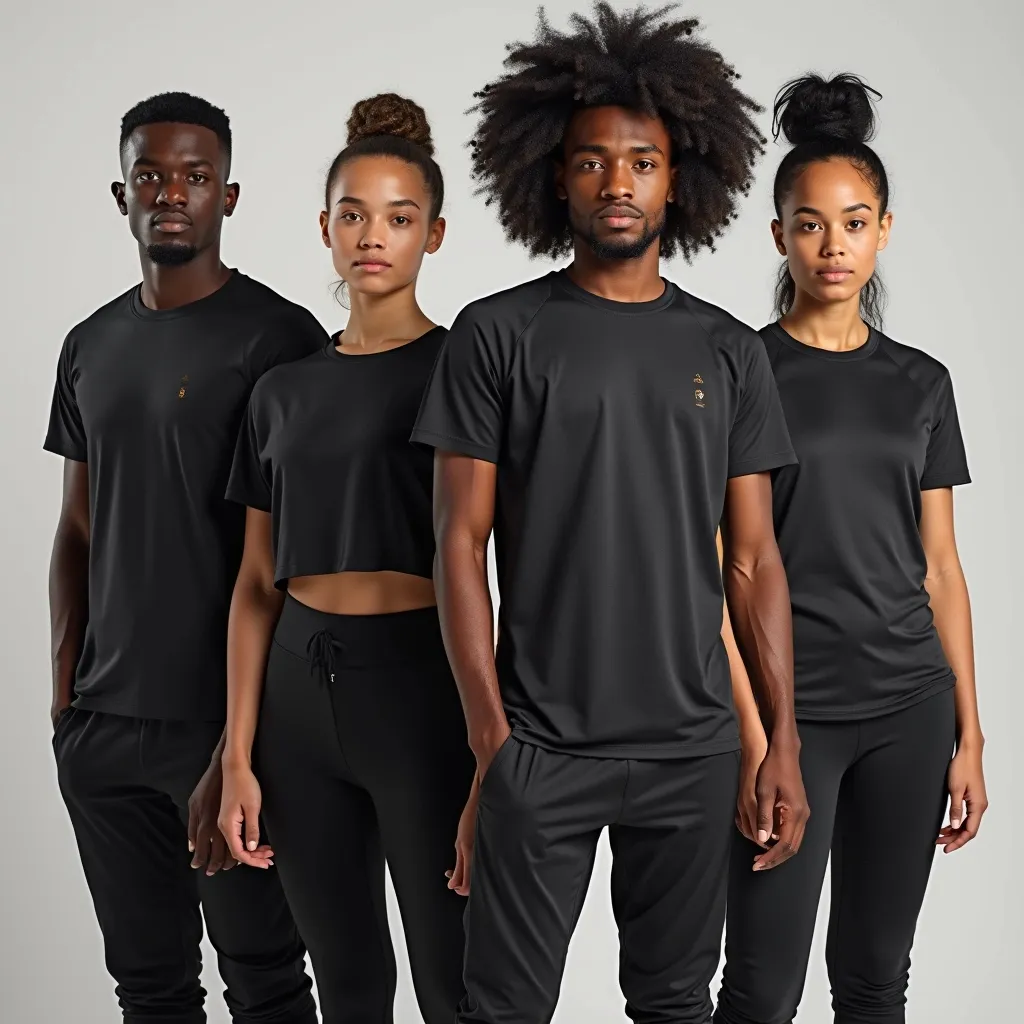 Prompt: Un groupe de jeunes sportifs ,hommes, Afro, noirs, noires ,blancs femmes qui portent des vêtements, t-shirt sportifs et joggers avec la marque " "BridgeActiveWear"
