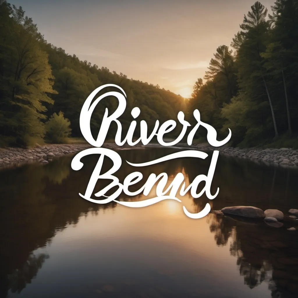 Prompt: River Bend in bold letters, In Christ We Stand, Guided by God's Hand, We Heed His Call in bottom section, religious theme, calligraphy style, warm and soft lighting, inspirational, simple design, high quality