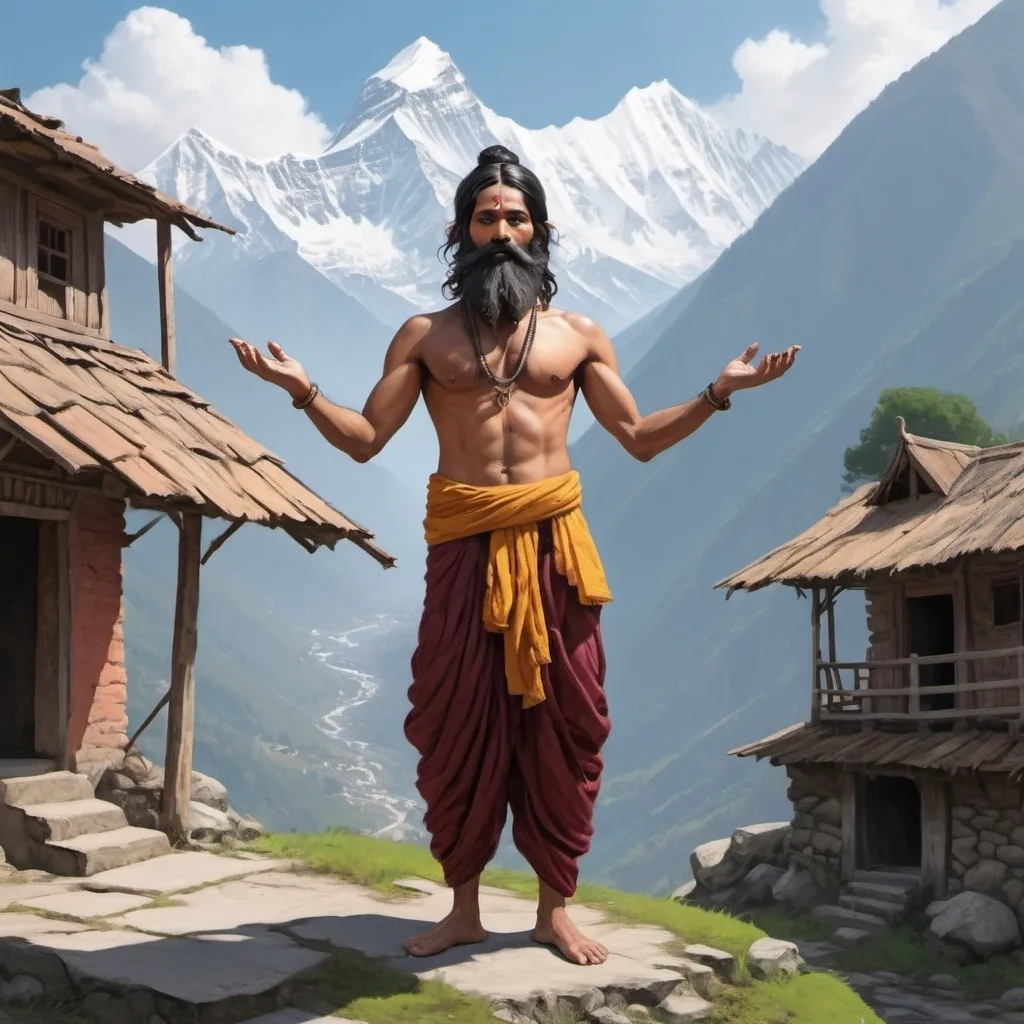 Prompt: Create art of Indian ascetic doing vrikshasana in Himalayas. Create in fantasy settlement style. Create art like concept art. Black hair and beard 