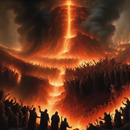 Prompt: Biblical depiction of hell, and a multitude falling into it