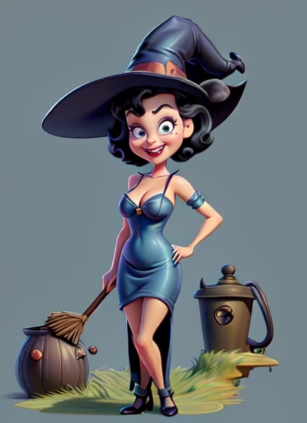 Prompt: tex avery , pinup girl,  Steve Ditko, WITCH Cauldron Sorceress, witch with broom, black eyes, short  hair. straight  hair, short stature, big smile, very happy, great cleavage, baby blue dress, no background, vintage, hanna barbera