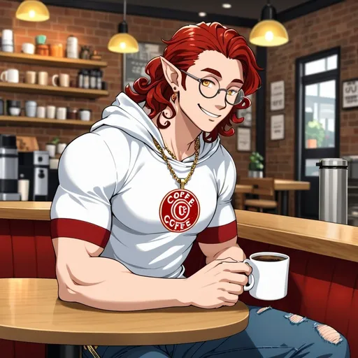 Prompt: A tall , elf man, with a lean, muscular body, long, curly, white hair, shimmering, golden eyes, wearing a red velvet colored t-shirt, ripped black jeans, and grey tennis shoes, He's sitting at a coffee shop, sitting across from, smiling, at smiling, elf girl, a very curvy body, shimmering auburn hair, cobalt colored eyes, wearing circular lens glasses with a black trim, wearing a tight, white hoodie, wearing blue sweatpant , wearing a silver necklace with a ruby pendant attached to it, wearing small, wood, gold, earrings, and wearing long, grey, boots with zippers on the side, holding a steaming mug of coffee.