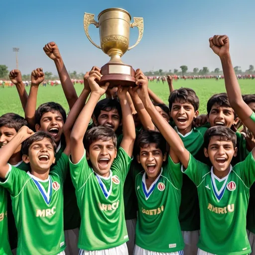 Prompt: Draw that class vii  students(boys) of mrrcv win in football match with a trophy. 
Their jersey is sponsored by mrrcv and class 7 is written on their jursey
