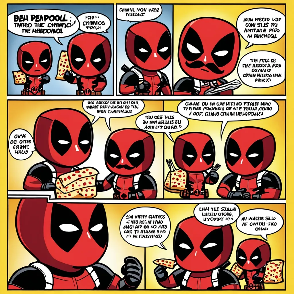 Prompt: A comic page that shows deadpool, the antihero from marvel selling chimichangas, using a mustache, in a funny style like a funko pop or a sd character.