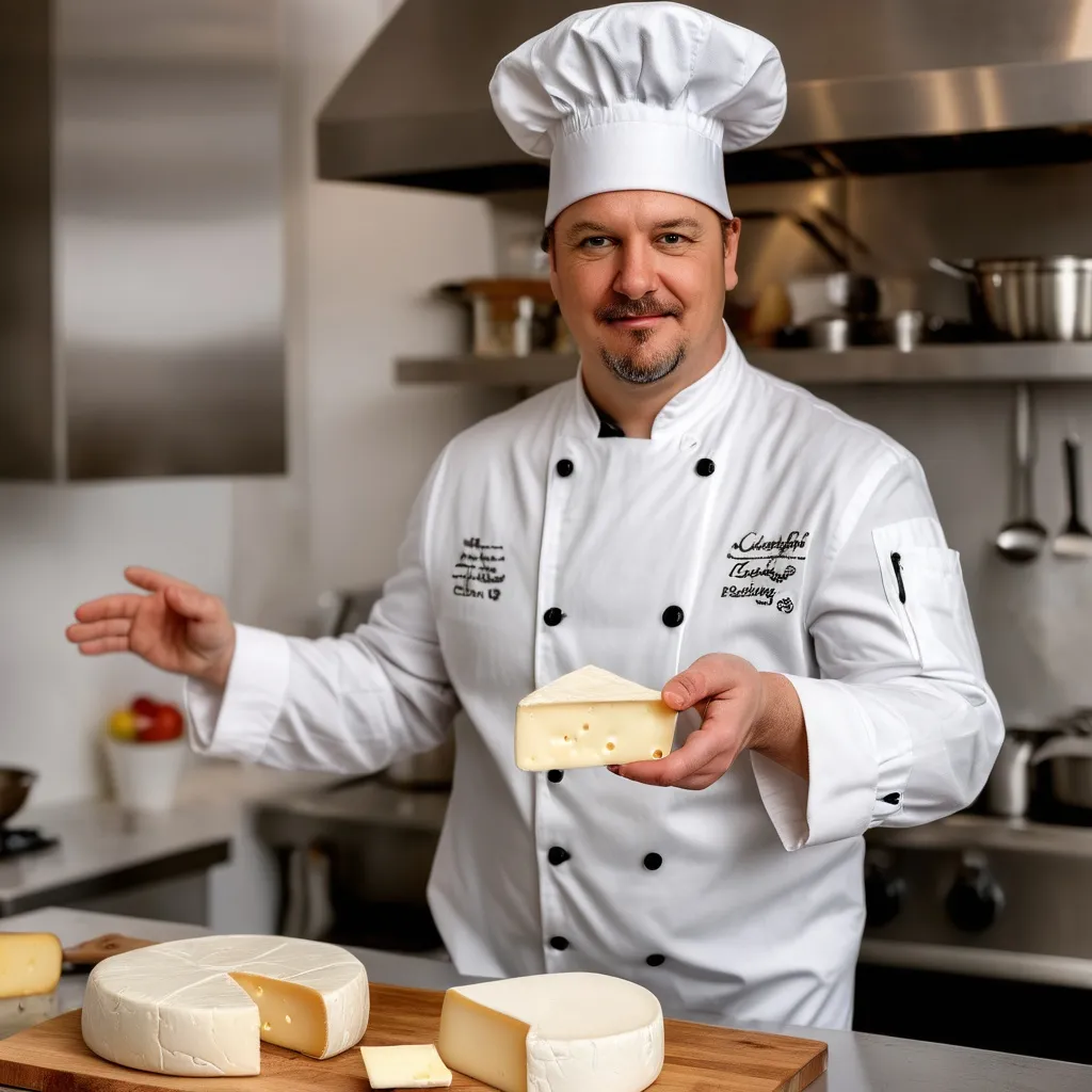 Prompt: A chef who specializes in preparing cheese recipes wears a white cooking suit and a chef's hat. He stands next to one of his recipes in the kitchen. His fingers are not visible, and his face is very real.