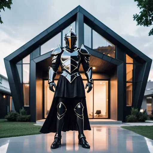 Prompt: black knight in front of a futuristic single home

