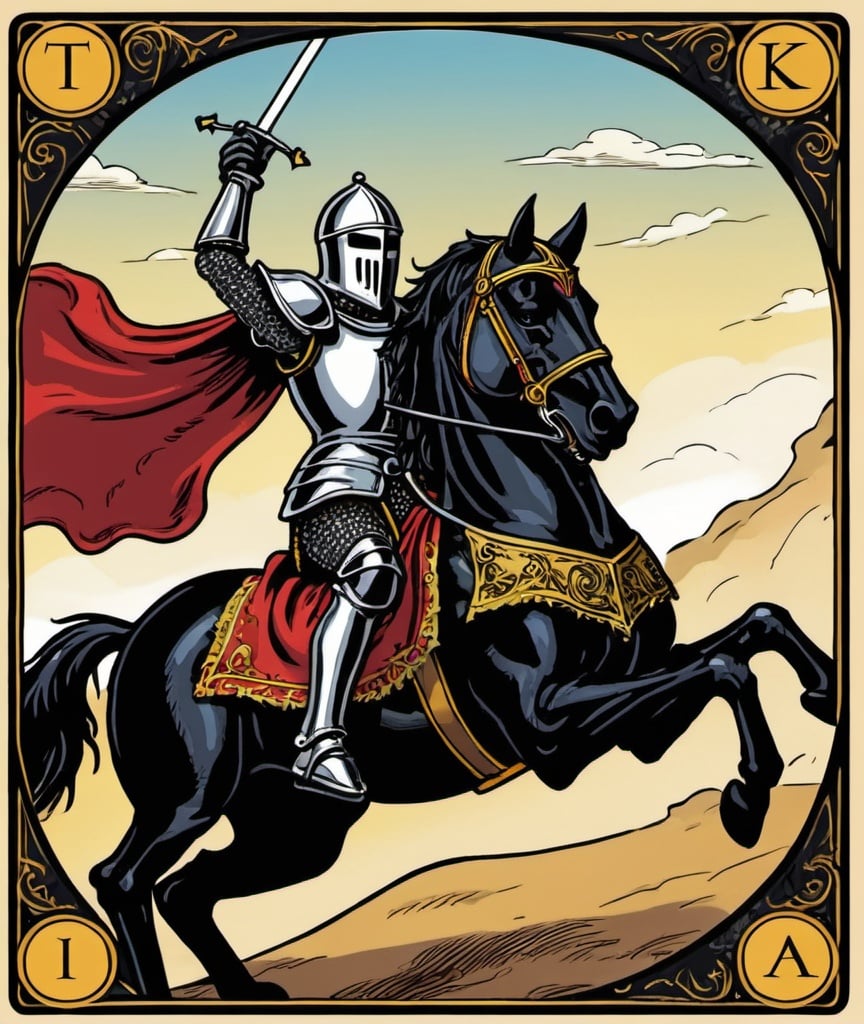 Prompt: tarot card a black knight is chasing an enemy