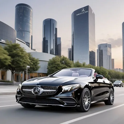 Prompt: black mercedes cle convertible  in a future city
