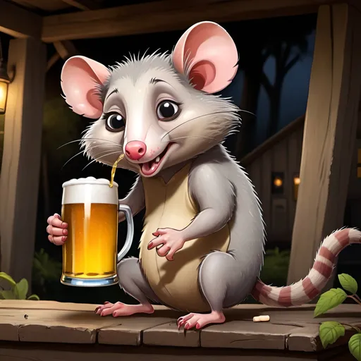 Prompt: A possum drinking beer in a cartoon 


