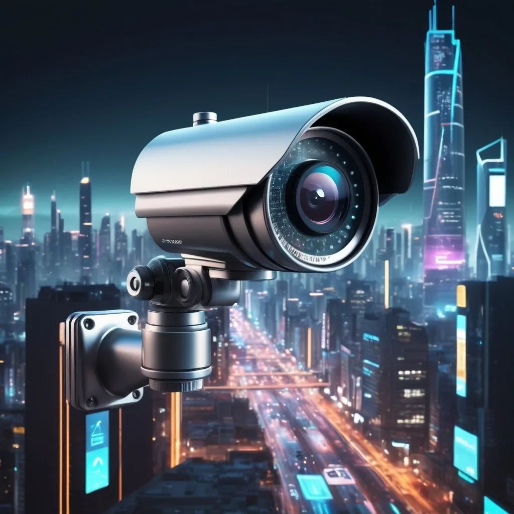 Prompt: High-tech, futuristic surveillance camera app, glowing interface, sleek metallic design, urban city skyline in the background, crisp and detailed quality, cyberpunk, highres, ultra-detailed, futuristic, sleek design, professional, atmospheric lighting